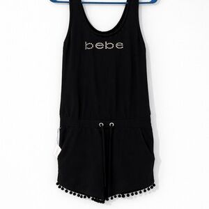 ✨ BEBE Black Rhinestone Logo Pom Pom Romper — Size Small — NWT ✨